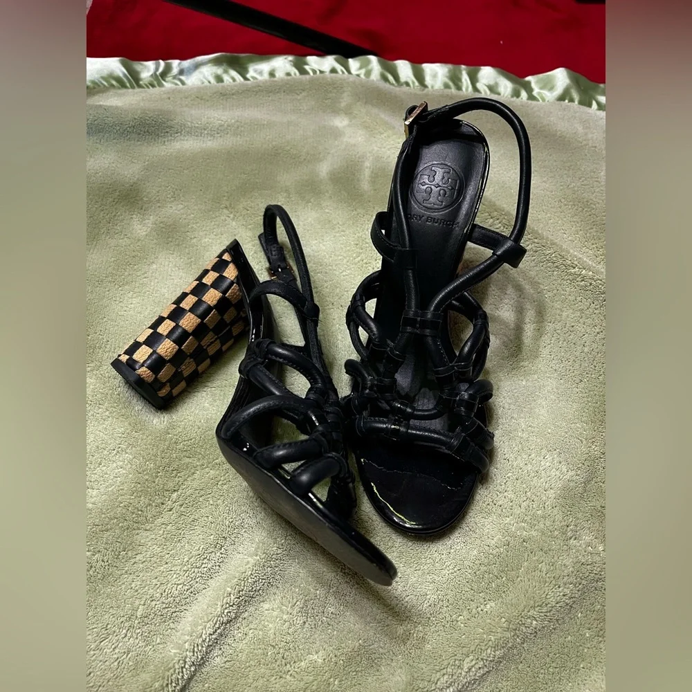 Tory Burch Black and Tan Strappy Block Heels - Picture 10 of 15